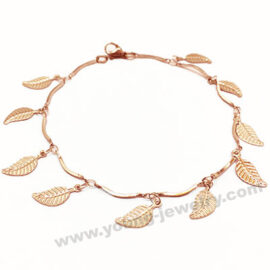 Steel Slim Chain w/ Rose Gold Leaf Charm Bracelet