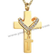 Double-Sided Multi-Layer Diamond-Encrusted Cross Ashes Gold Necklace Urn Jar