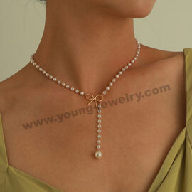 Alloy Bow Knot Pearl Tassel Simple Temperament Popular Necklace