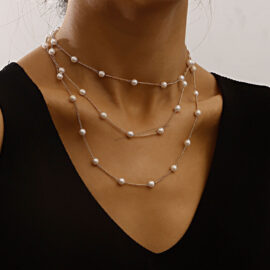 Simple Geometric Thin Chain Pearl Multi-layer Light Luxury Style Pearl Necklace